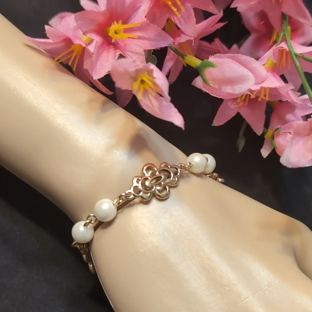 Charter Club Elegant Goldtone Filigree and Faux Pearl Bracelet NWT